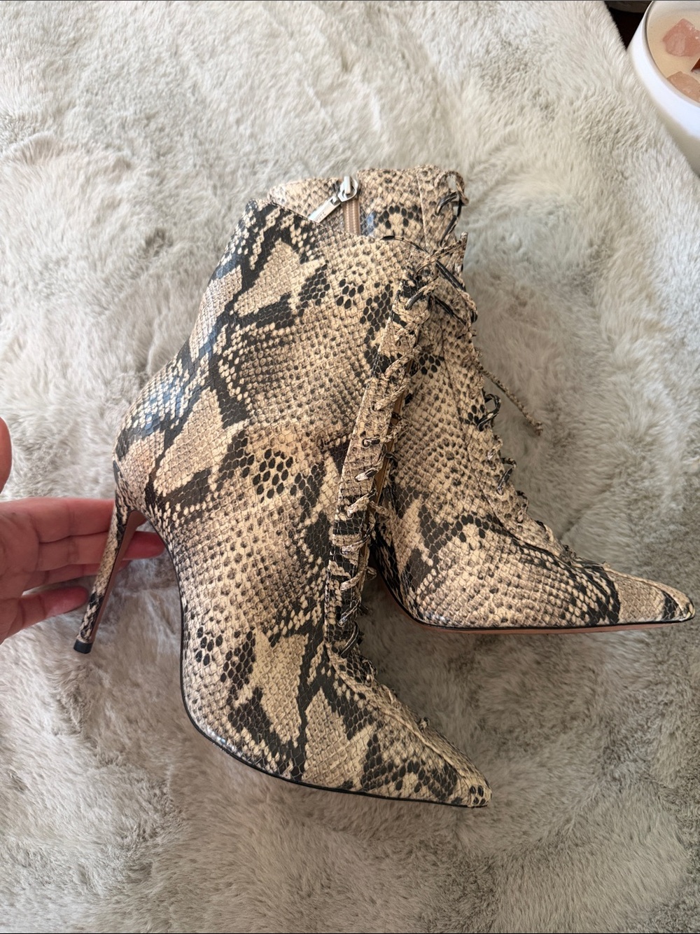 SCHUTZ Snake-Print Lace-Up Pointed Toe Ankle Boots in Beige and Black